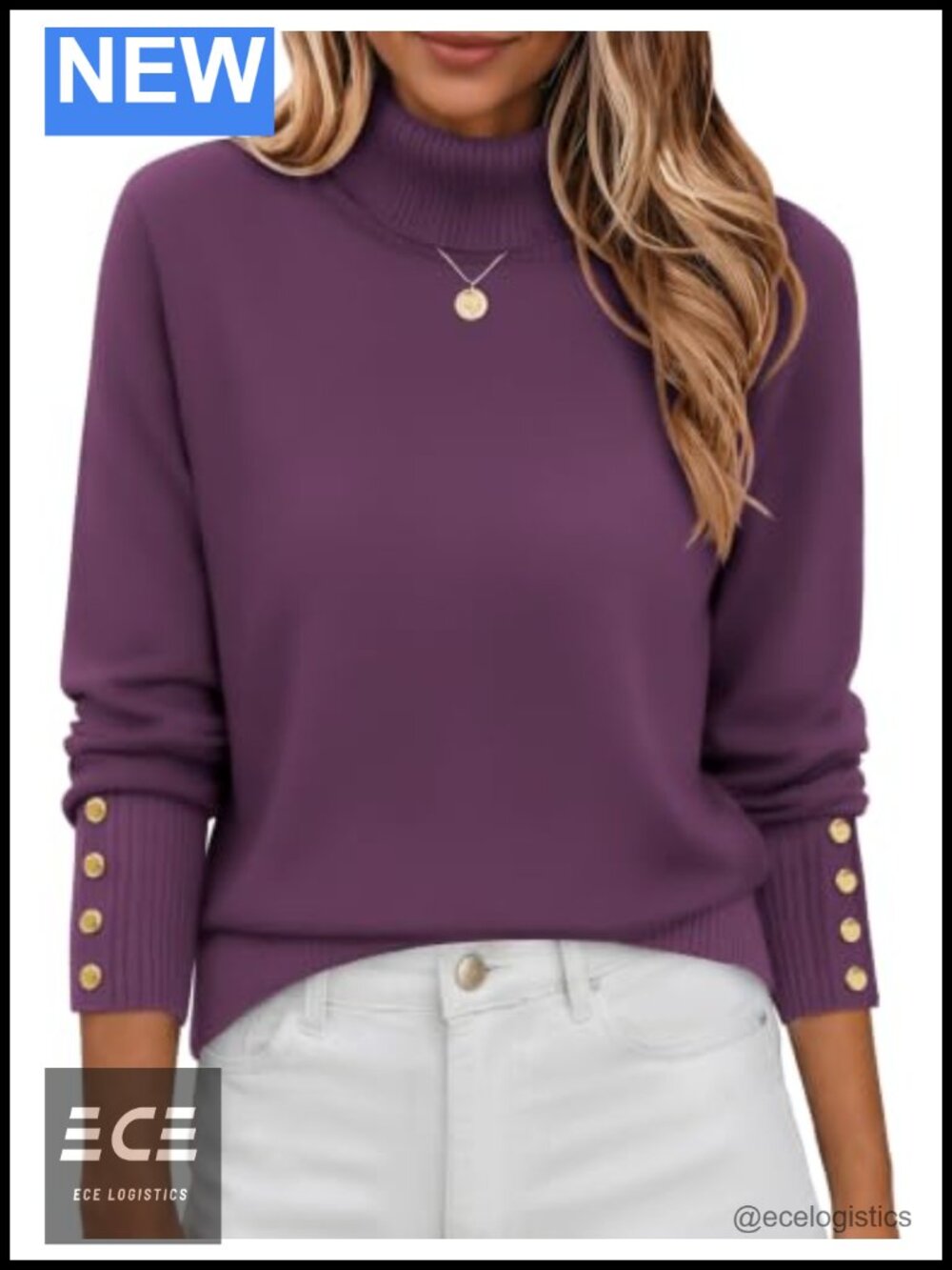 Turtleneck Sweater Long Sleeve Ribbed Pullover Button Cuff Fall Winter Jumper